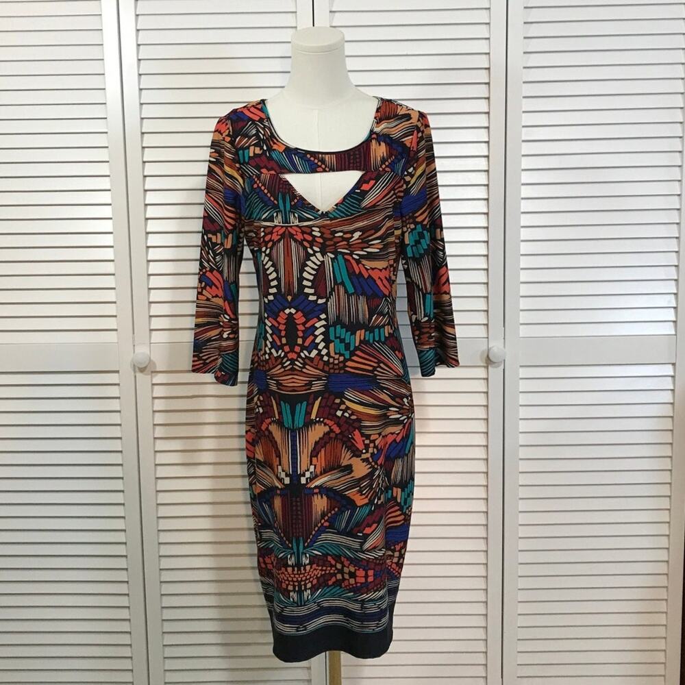 A-List Retro Y2K Geometric Keyhole Bodycon Midi Dress L Multicolor